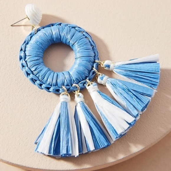 Anthropologie Emmie  Raffia  Drop Blue Earrings - Picture 1 of 2